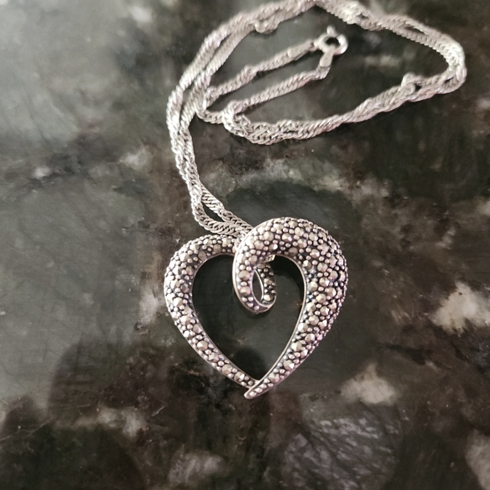 Marcasite Heart Pendant with Necklace Sterling Silver